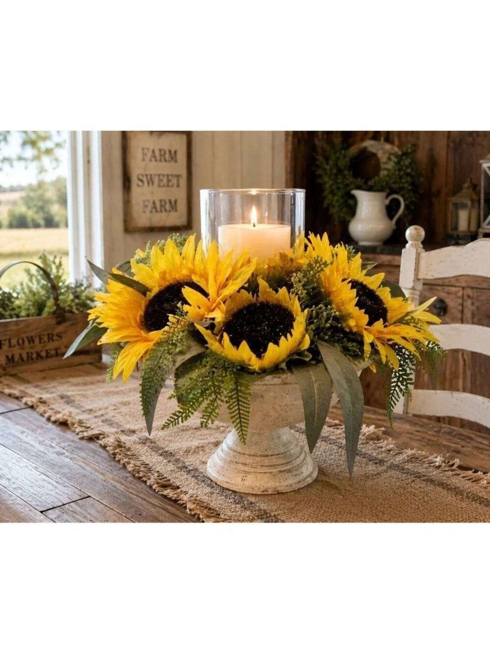 Sunflower Candle Holder Arrangement w/ Glass Hurricane on Distressed Pedestal